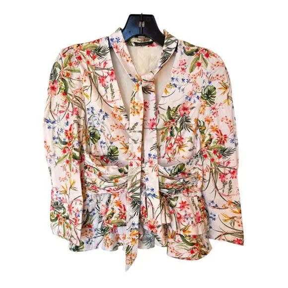Hellessy Fitted Tie Front Floral Blouse with Ruffled Peplum Plunging V Neck s 2 - Picture 3 of 16